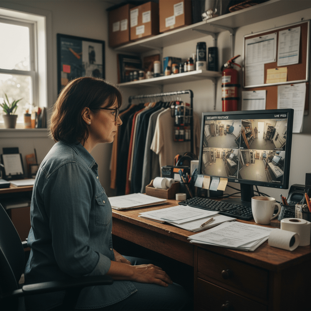 Commercant consultant les images de videosurveillance de son magasin