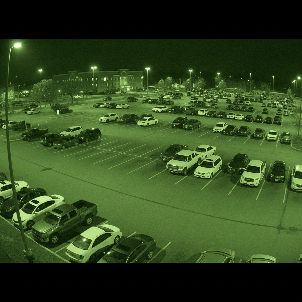 Camera de vision nocturne surveillant un parking la nuit