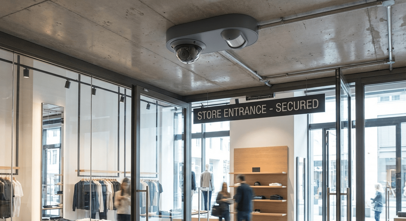Caméra de surveillance et capteur d'alarme installés en façade d'un commerce
