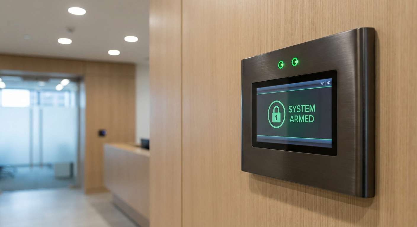 Centrale d’alarme anti-intrusion entreprise avec écran tactile affichant le statut de protection