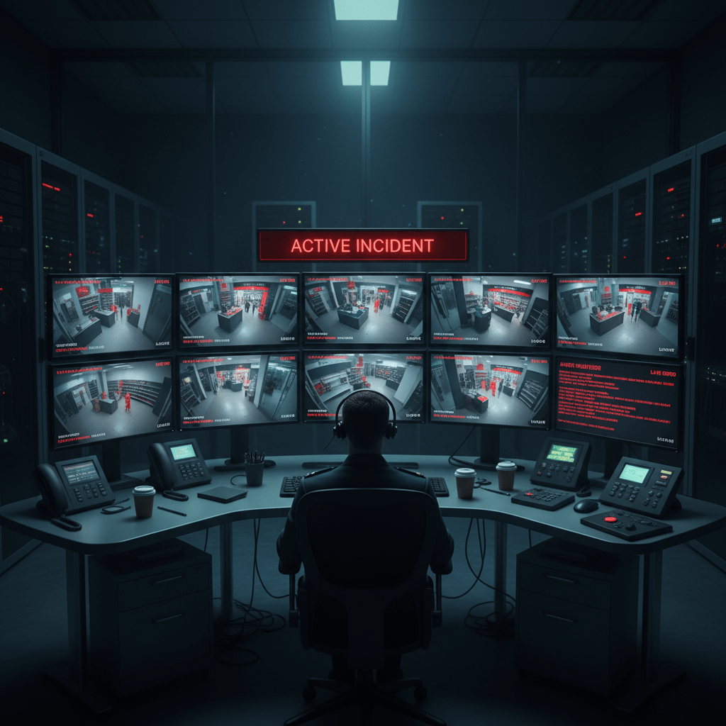 Centre de télésurveillance avec opérateur devant des écrans de contrôle