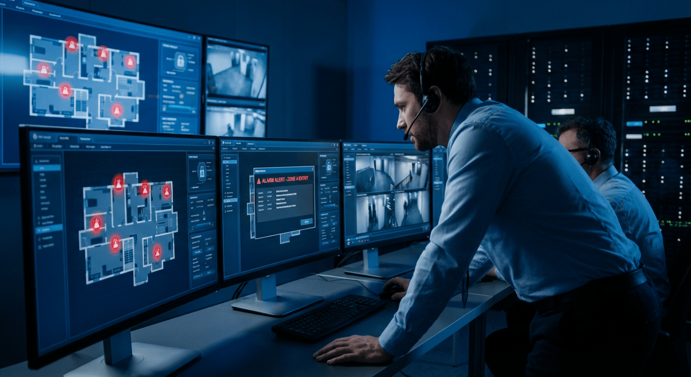 Centre de télésurveillance avec écrans de contrôle des alarmes intrusion