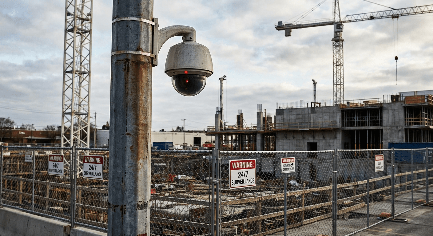 Caméra solaire autonome 4G installée sur un mât de chantier BTP
