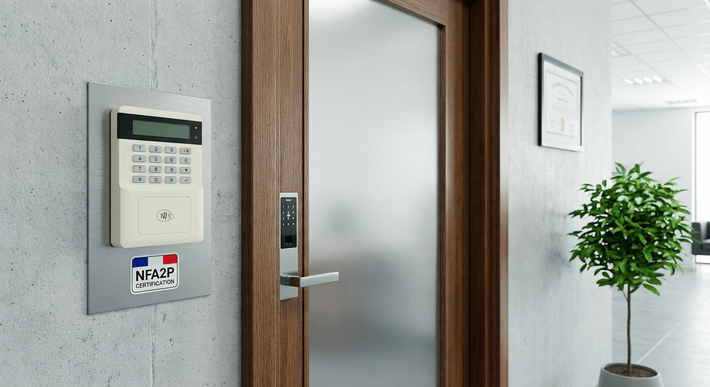 Clavier d’alarme certifié NFA2P avec lecteur de badge près d’une porte sécurisée