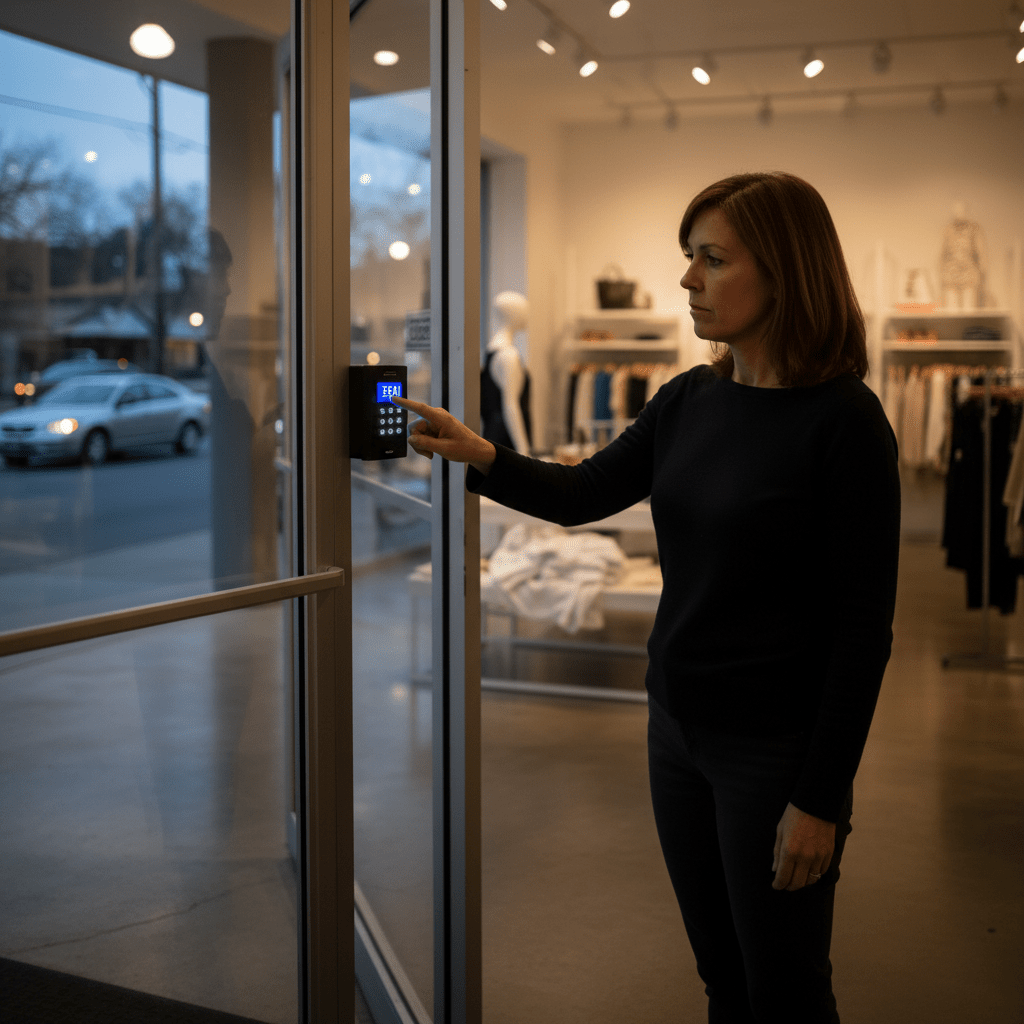 Commerçant activant son système d'alarme à la fermeture de sa boutique
