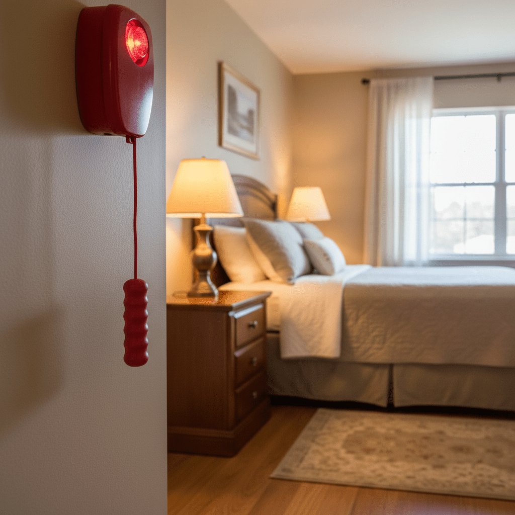 Cordon d'urgence installé dans une chambre de résidence seniors