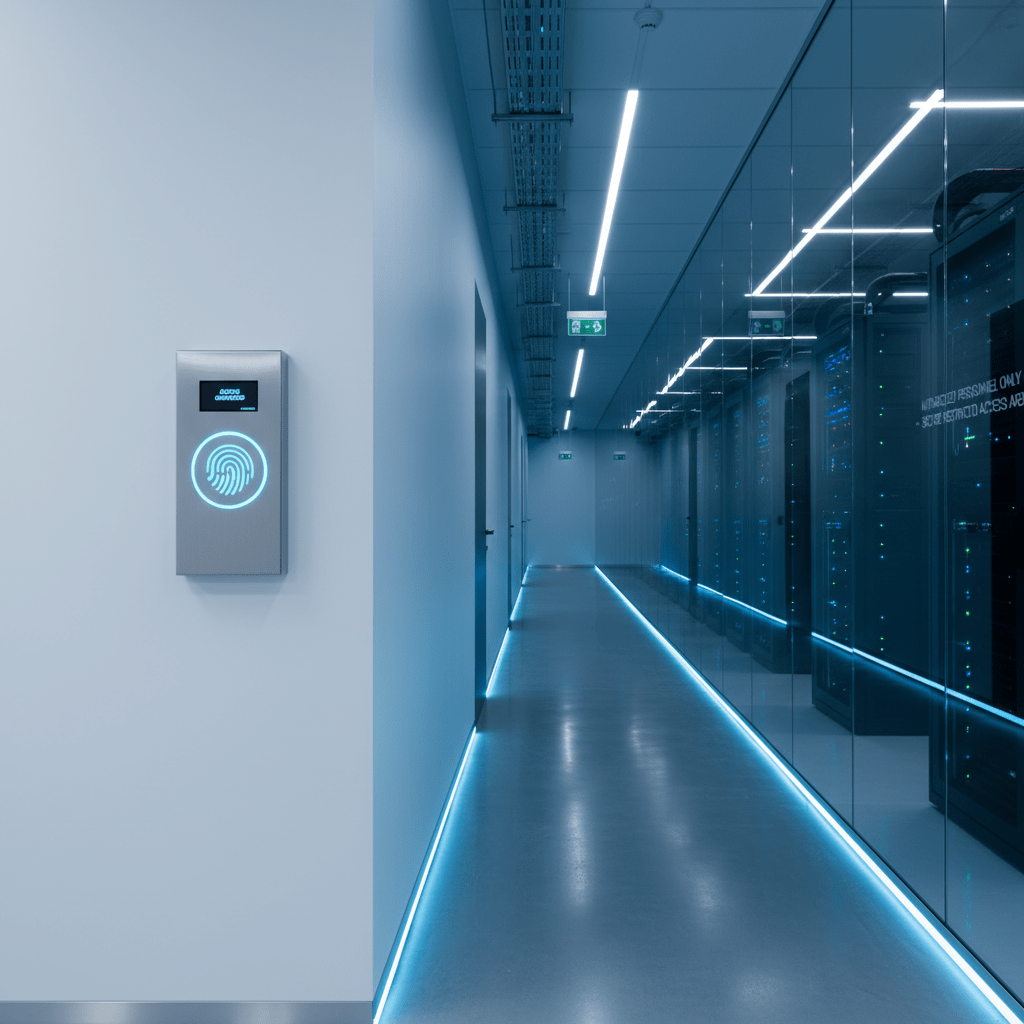 Couloir de data center avec contrôle d'accès biométrique