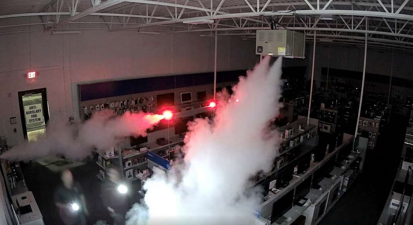 Brouillard de sécurité dense remplissant un commerce après déclenchement du générateur