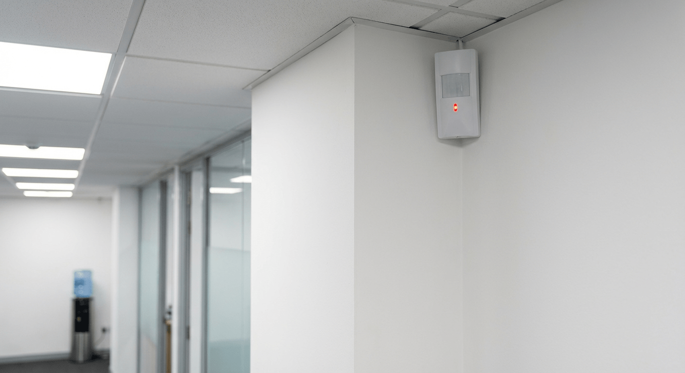 Technicien reglant l'angle de detection d'un detecteur de mouvement professionnel