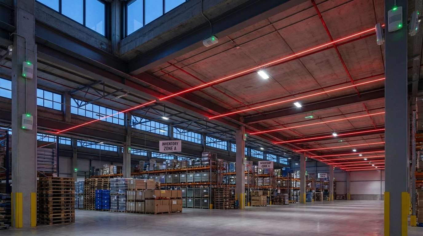 Détecteurs de mouvement infrarouge installés dans un entrepôt industriel