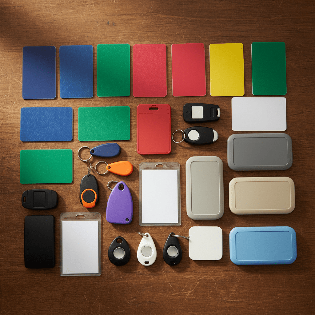 Differents types de badges d acces de securite sur un bureau