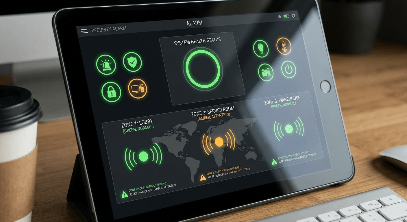 Tableau de bord numérique de supervision d'alarme intrusion avec statut des capteurs