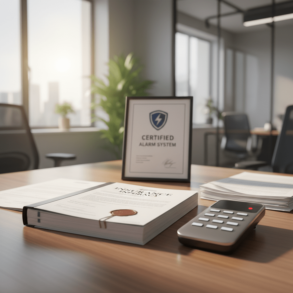 Document assurance posé sur un bureau avec système alarme anti-intrusion certifié