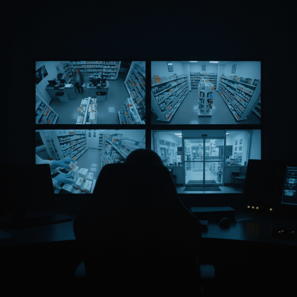 Ecran de monitoring des cameras de surveillance en pharmacie