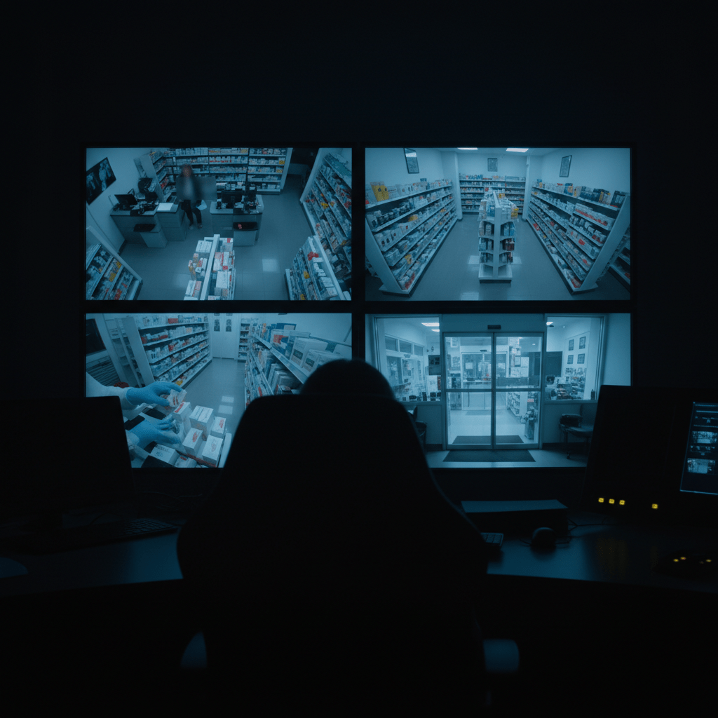 Ecran de monitoring des cameras de surveillance en pharmacie