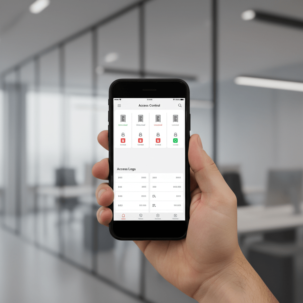 Écran smartphone affichant application de gestion contrôle accès avec liste des portes et journaux