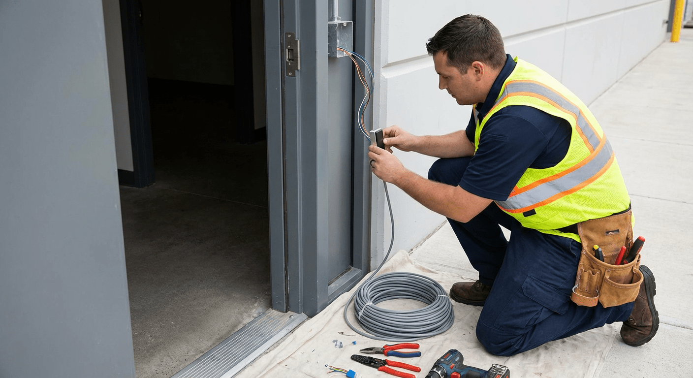 Technicien installant un lecteur de badge et une gâche électrique sur une porte de bureau