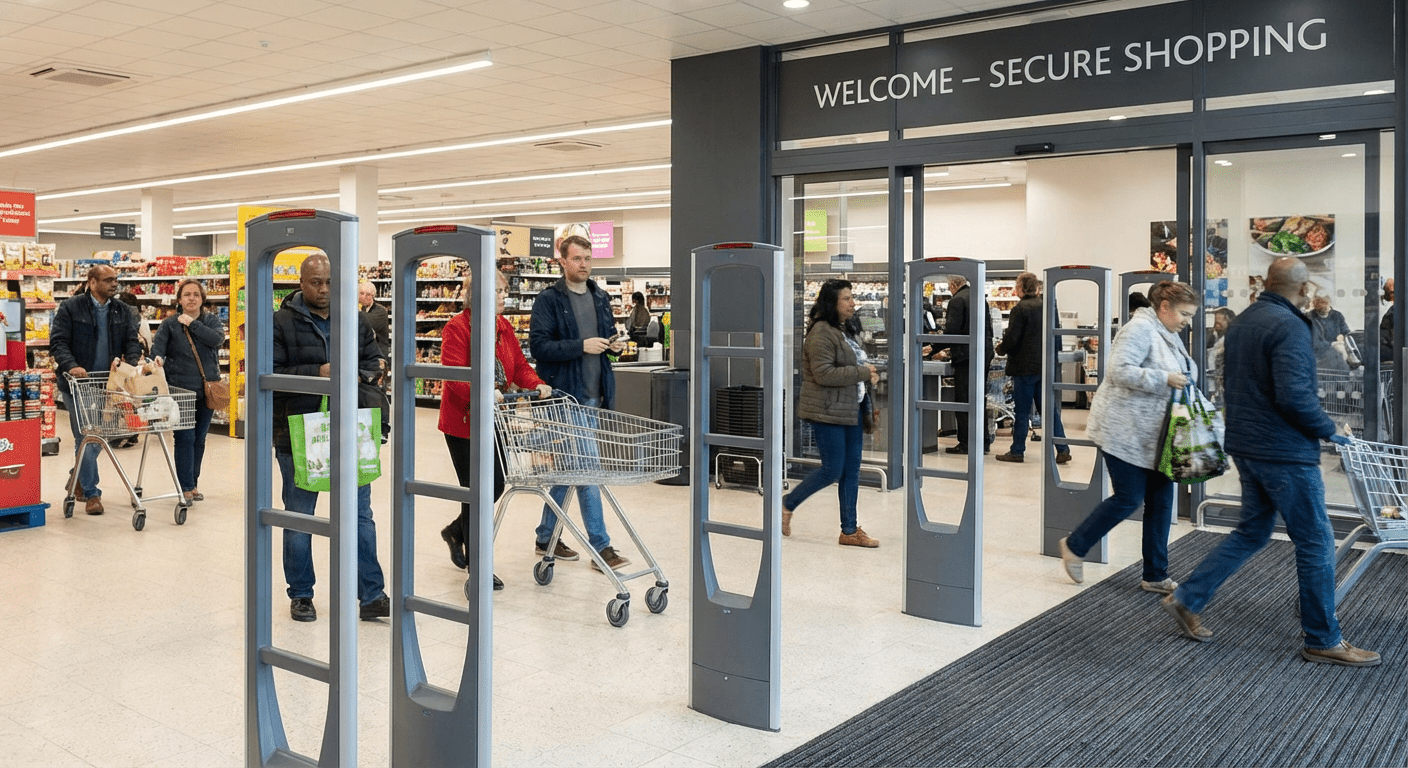 Système antivol EAS avec portiques de détection à l'entrée d'un magasin