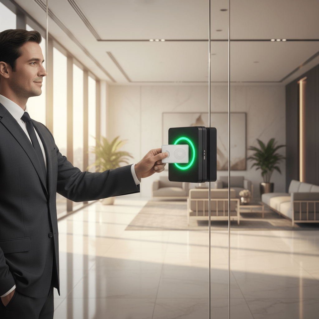 Employe scannant un badge d acces a l entree d un bureau