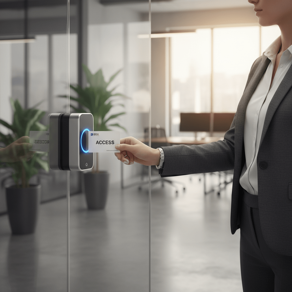 Employe presentant son badge devant un lecteur RFID