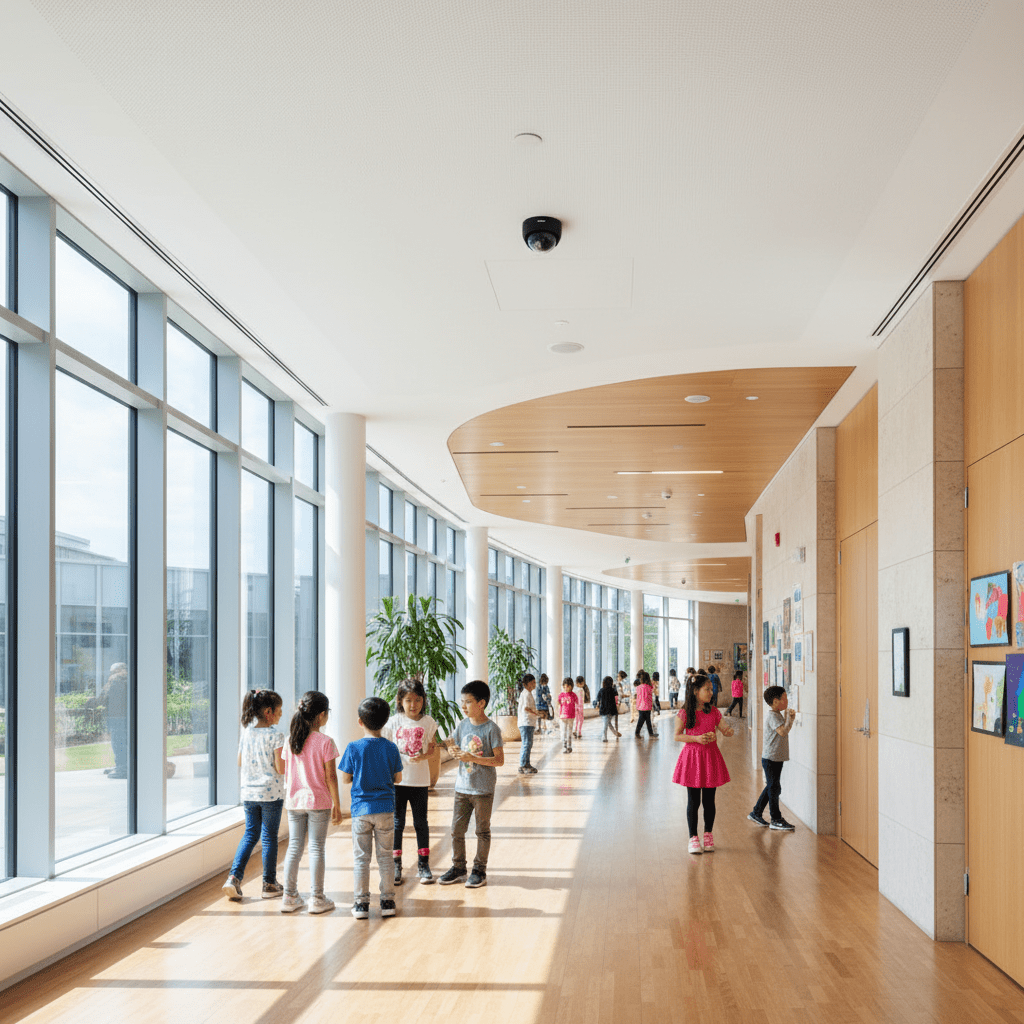Enfants en sécurité dans couloir école moderne avec caméra de surveillance visible