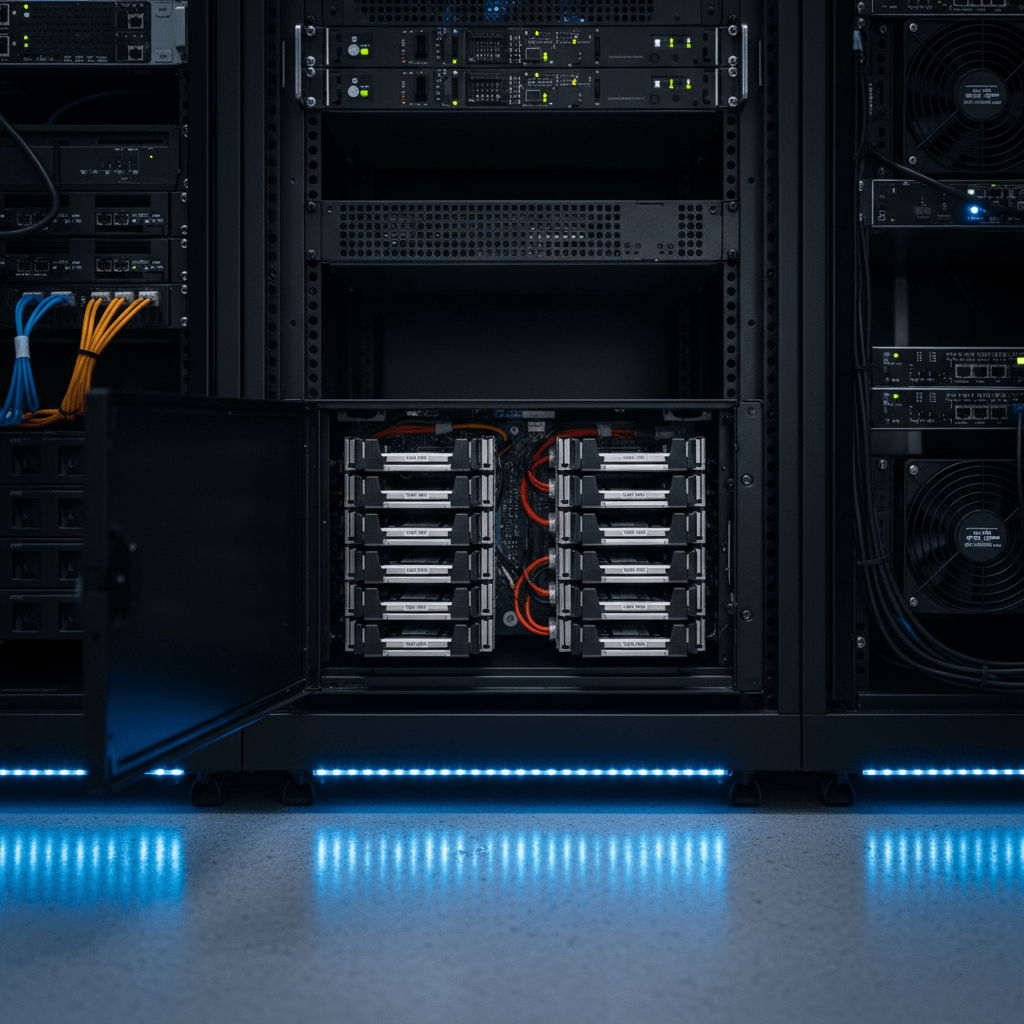 Enregistreur NVR professionnel ouvert montrant les disques durs de stockage vidéosurveillance