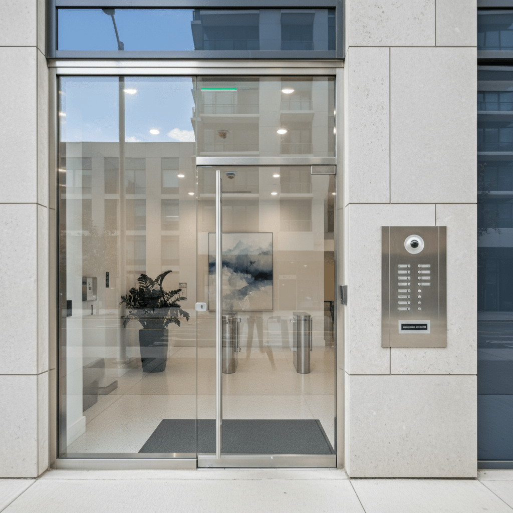 Entrée d'immeuble en copropriété équipée d'un interphone moderne