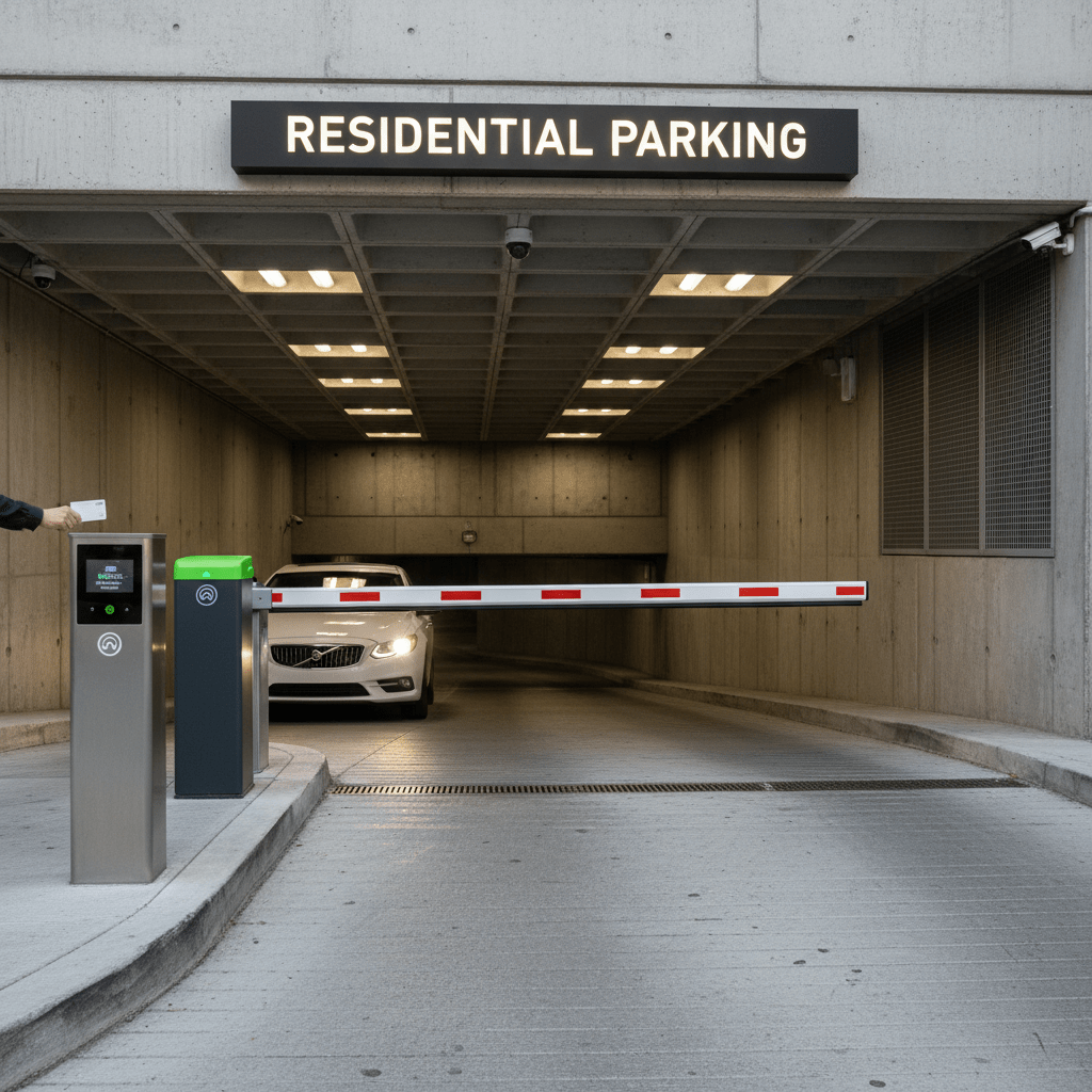 Entrée de parking souterrain sécurisée avec lecteur de badge et barrière