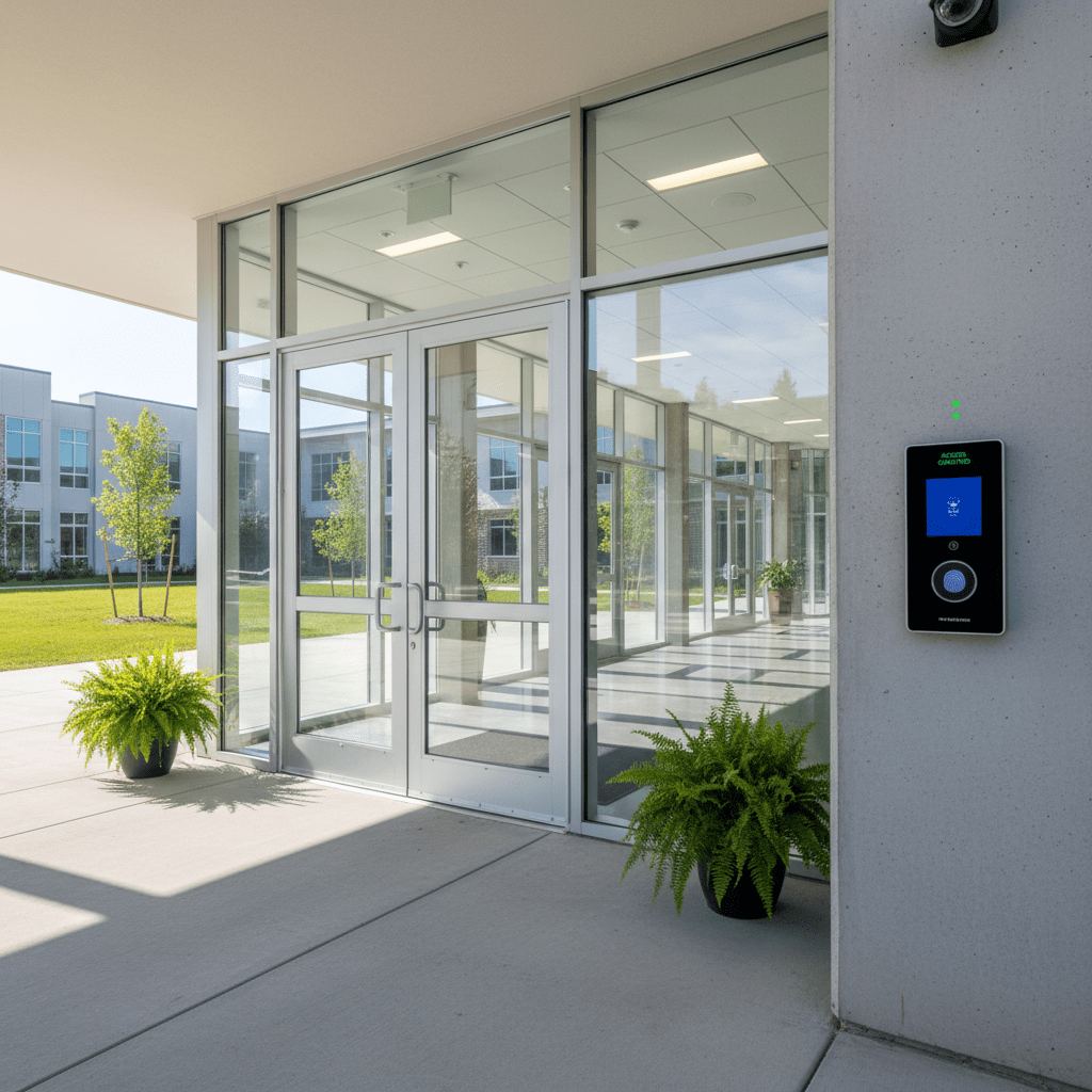 Entrée moderne école avec système de contrôle accès électronique sécurisé