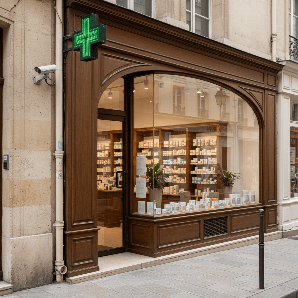 Facade de pharmacie avec systeme de videosurveillance exterieur