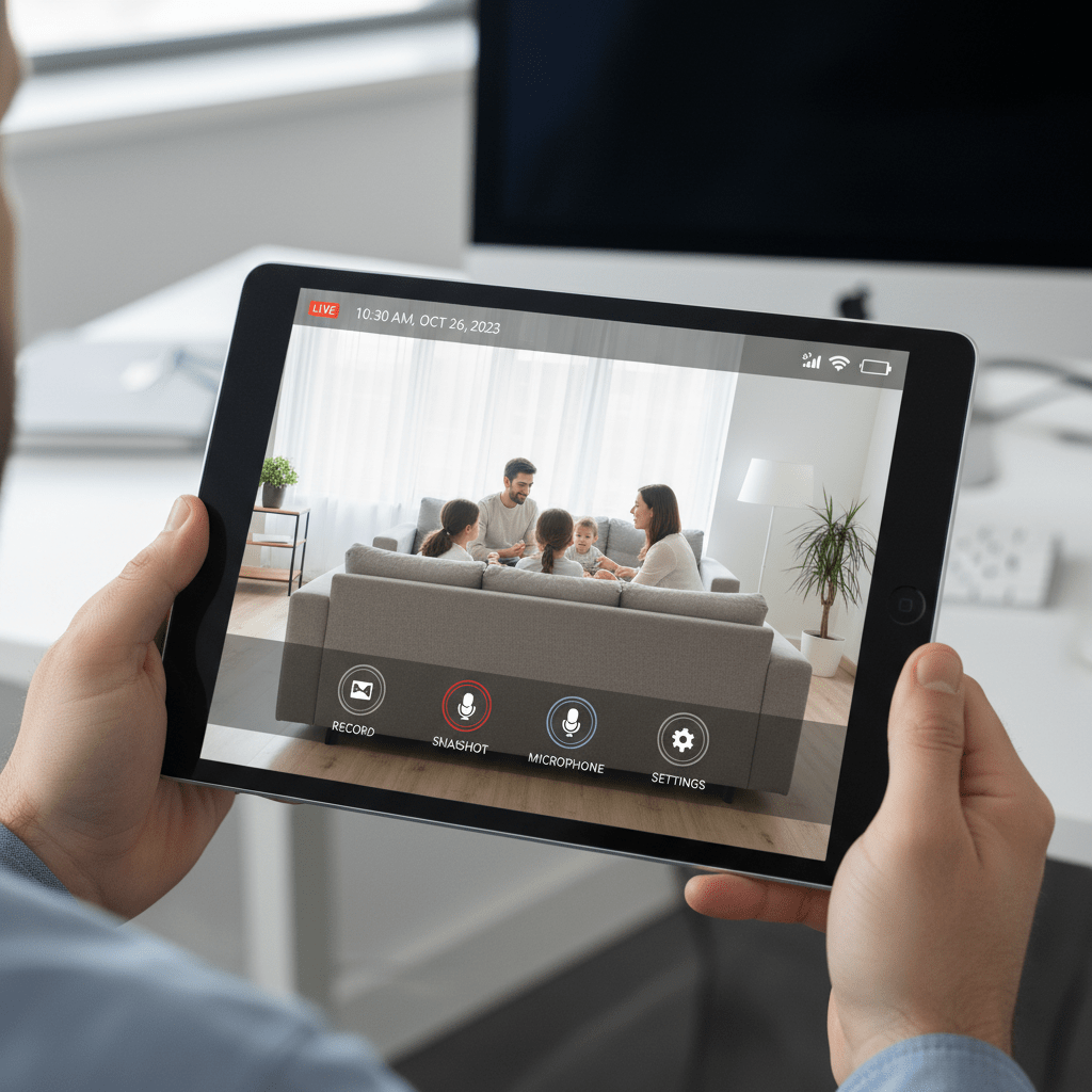 Flux vidéo d'une caméra sans fil affiché sur une tablette
