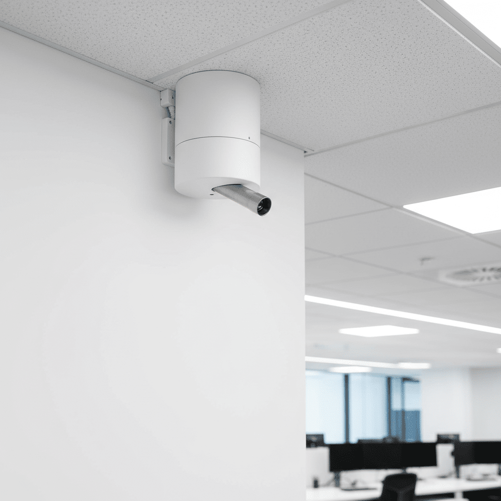 Generateur de brouillard de securite monte sur un mur de local commercial