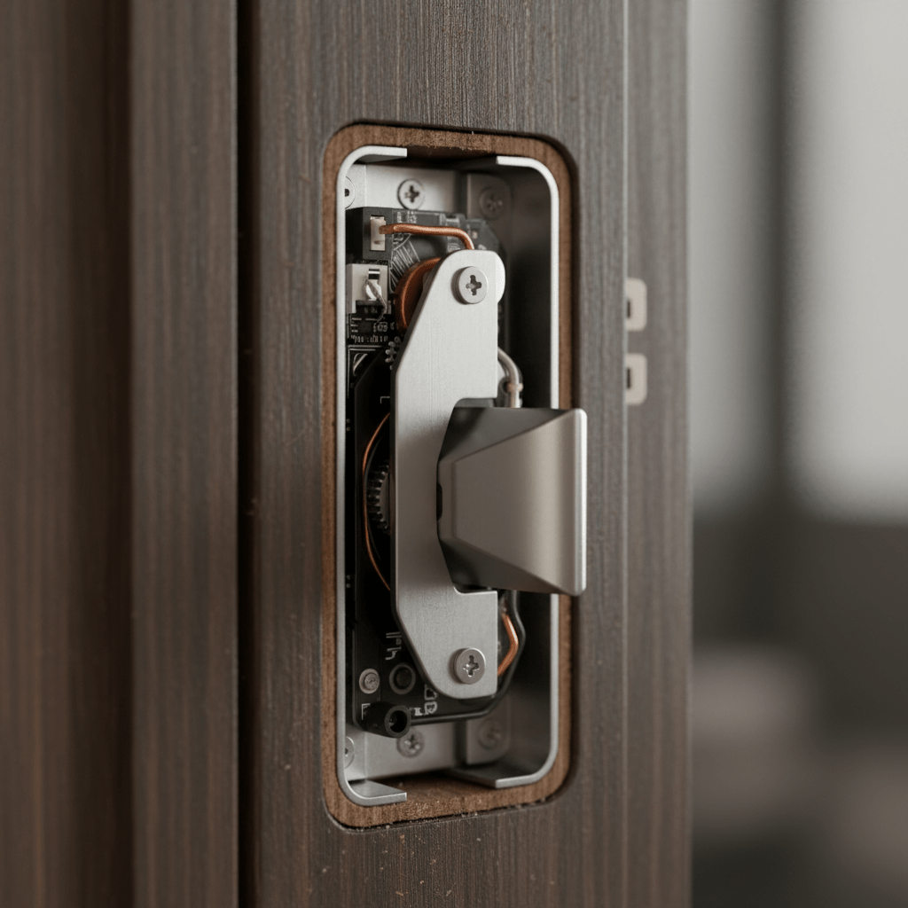 Gros plan sur une gâche électrique encastrée dans le dormant d’une porte de bureau