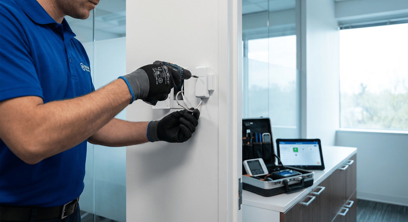 Technicien installant une alarme anti-intrusion sans fil dans un bureau d'entreprise