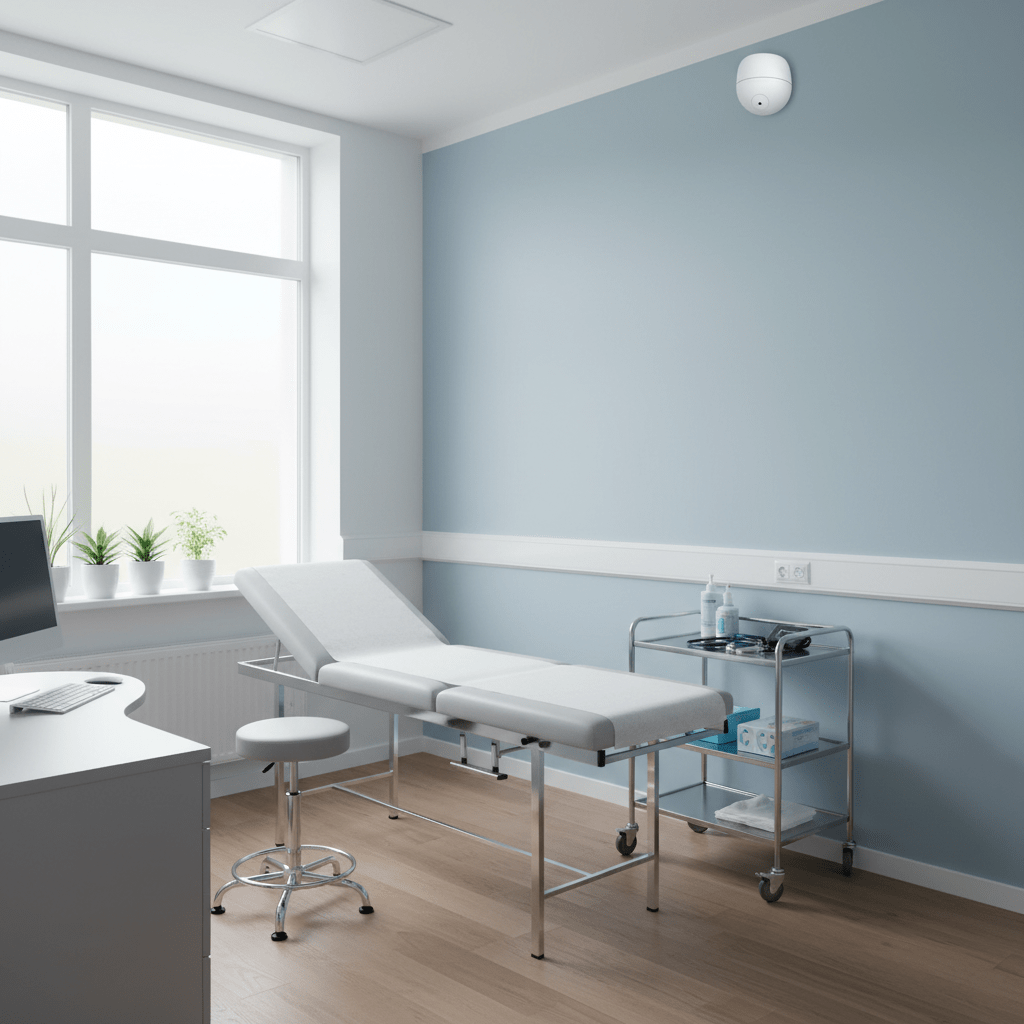 Intérieur bureau médecin avec capteur de mouvement sécurité visible au plafond