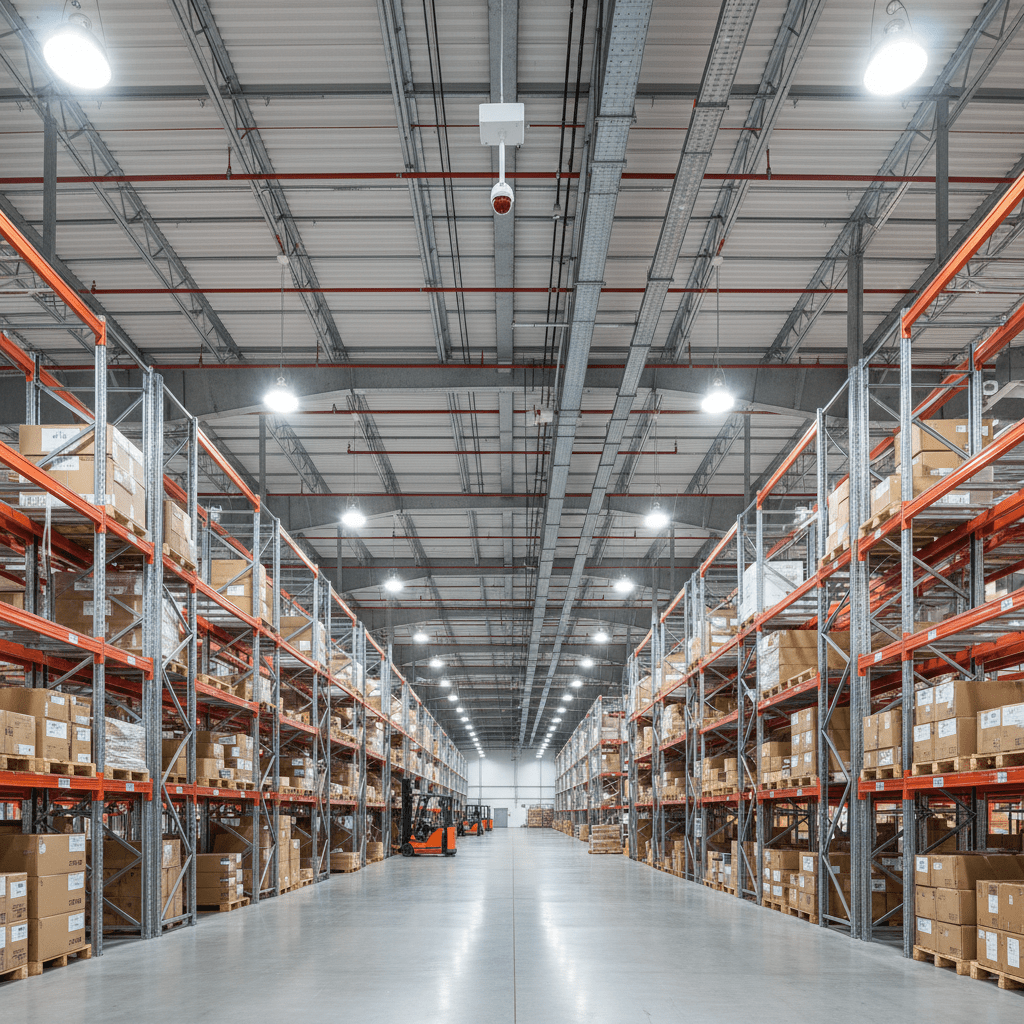 Intérieur d'un grand entrepôt logistique équipé de capteurs de sécurité au plafond