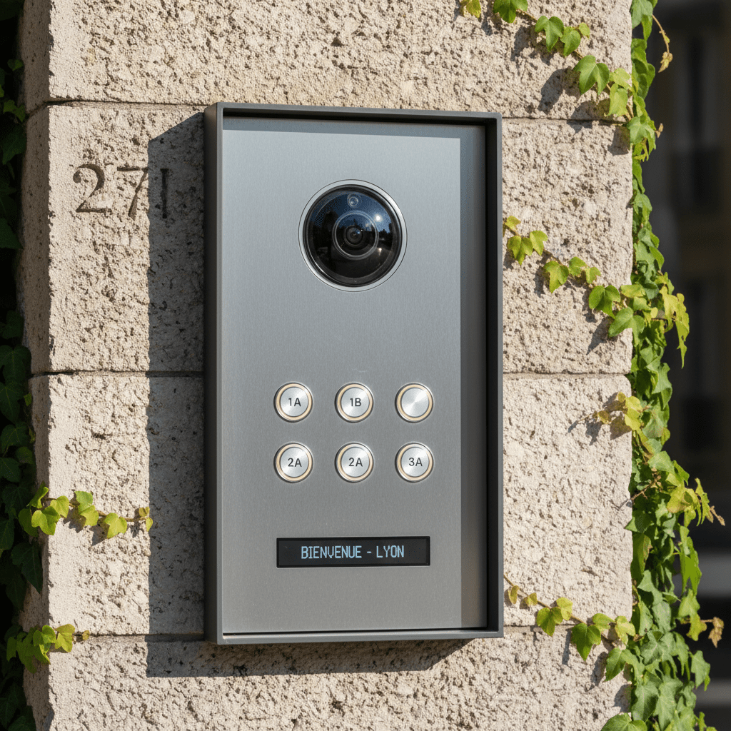 Platine interphone video moderne installee en facade d immeuble a Lyon