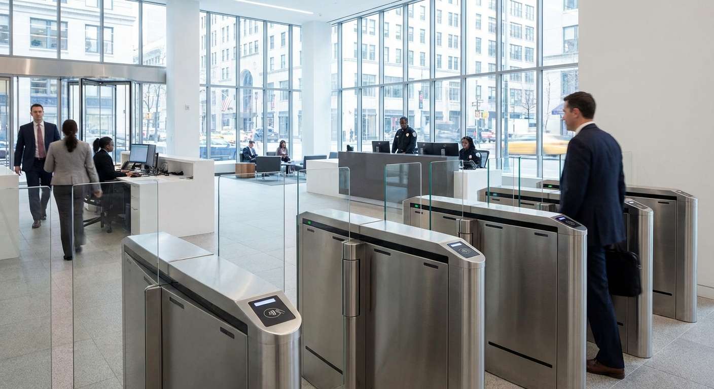Portiques de contrôle d'accès avec lecteurs de badges dans hall d'entreprise