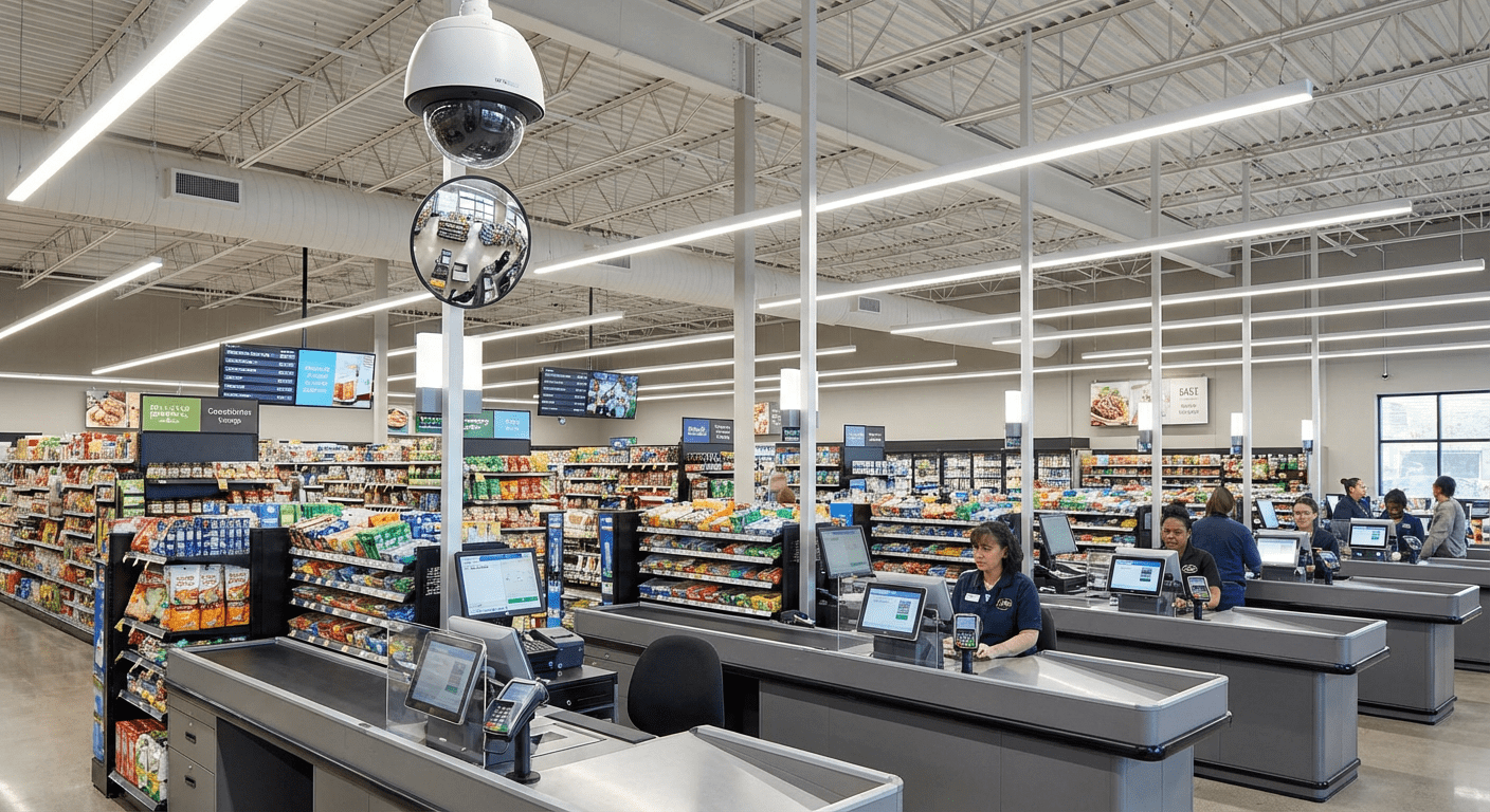 Zone de caisse moderne avec systèmes de contrôle intégrés pour la prévention des pertes