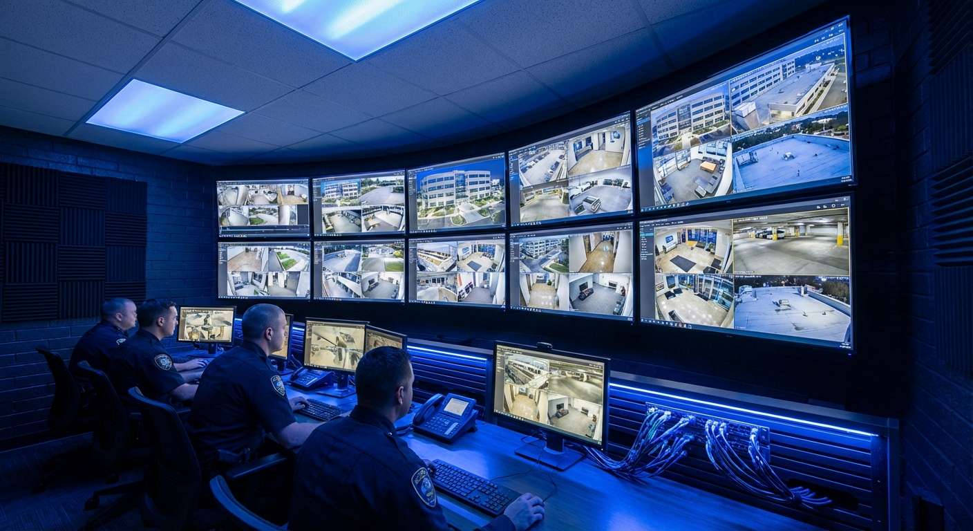 Salle de contrôle vidéosurveillance avec écrans de monitoring
