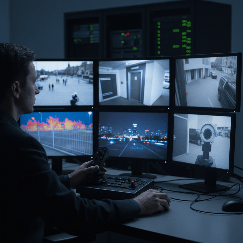 Opérateur de sécurité pilotant une caméra PTZ avec un joystick dans un centre de surveillance