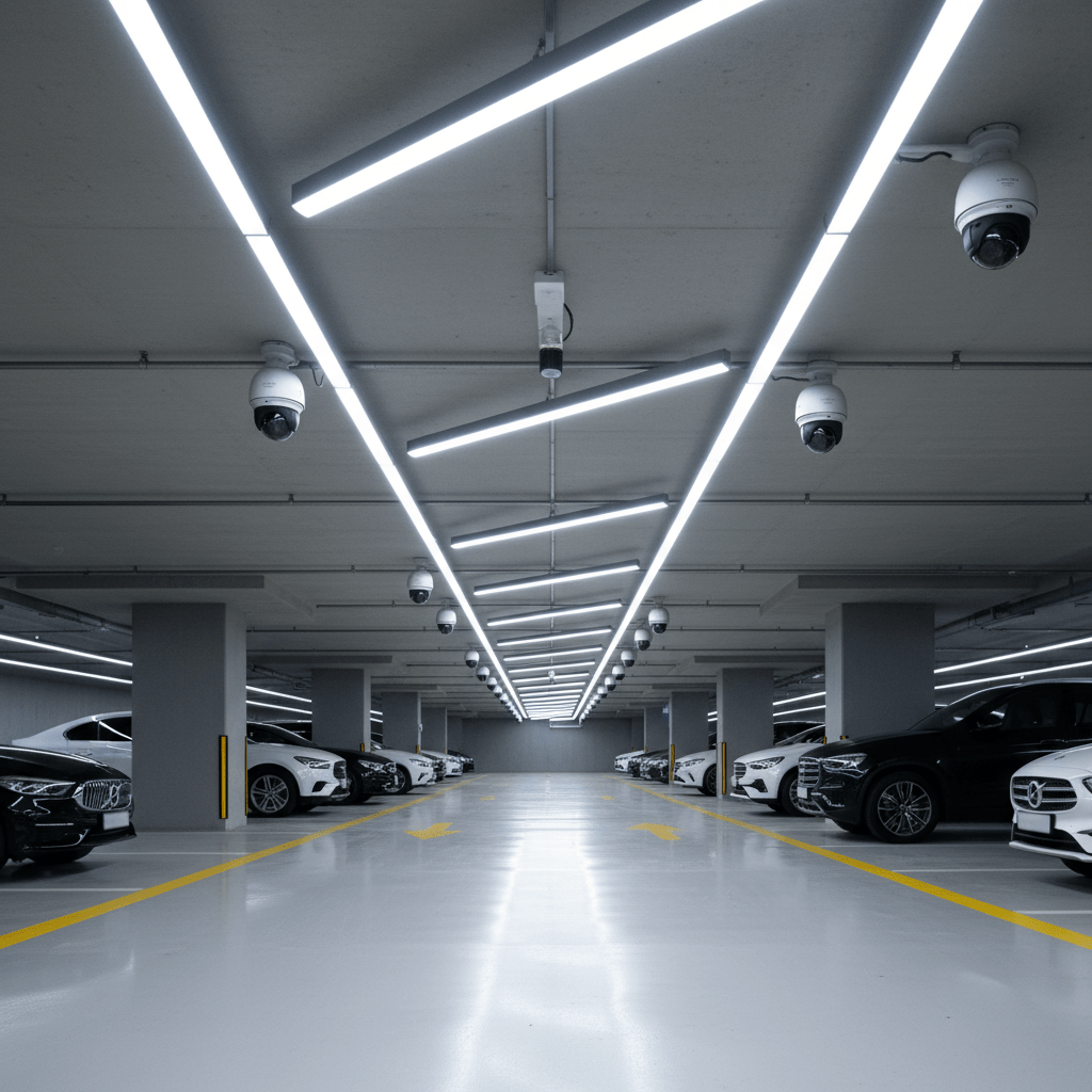 Parking souterrain moderne équipé de caméras de surveillance et d'un éclairage LED performant