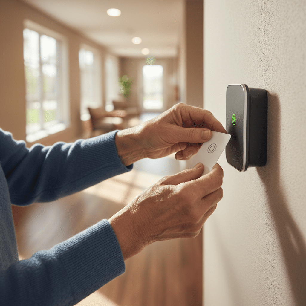 Personne âgée utilisant un badge d'accès simple dans une résidence seniors