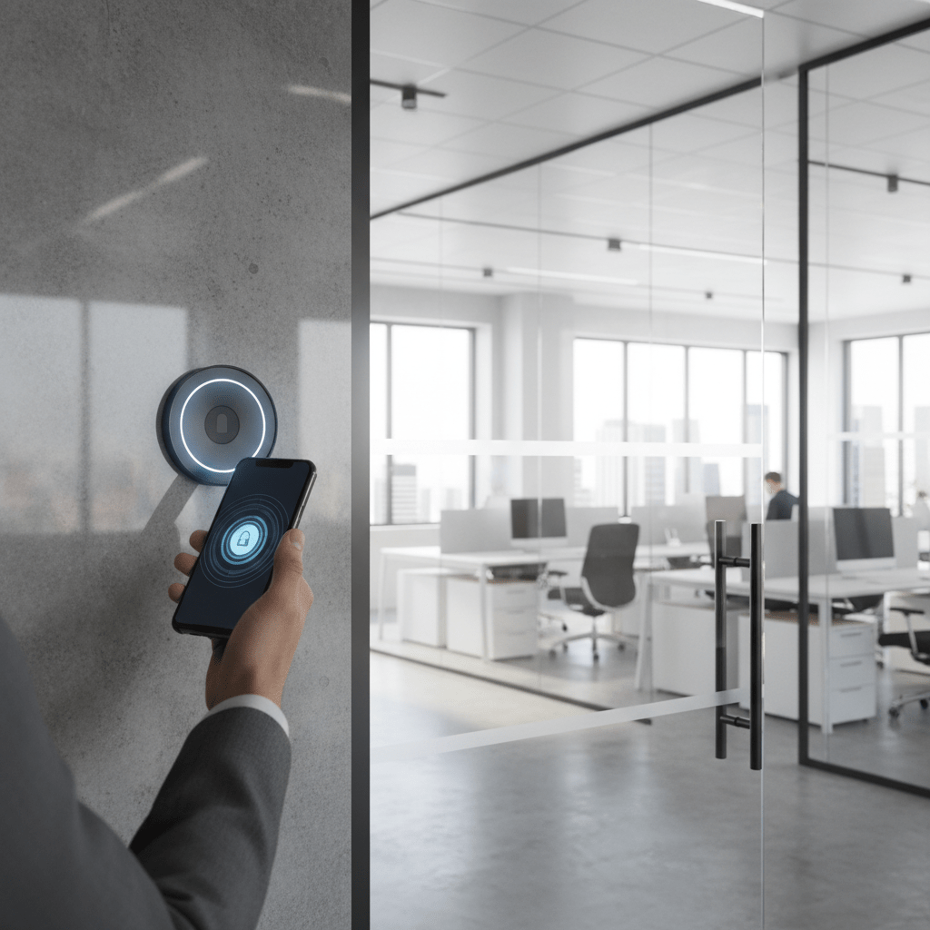 Personne déverrouillant porte bureau avec smartphone NFC pour contrôle accès