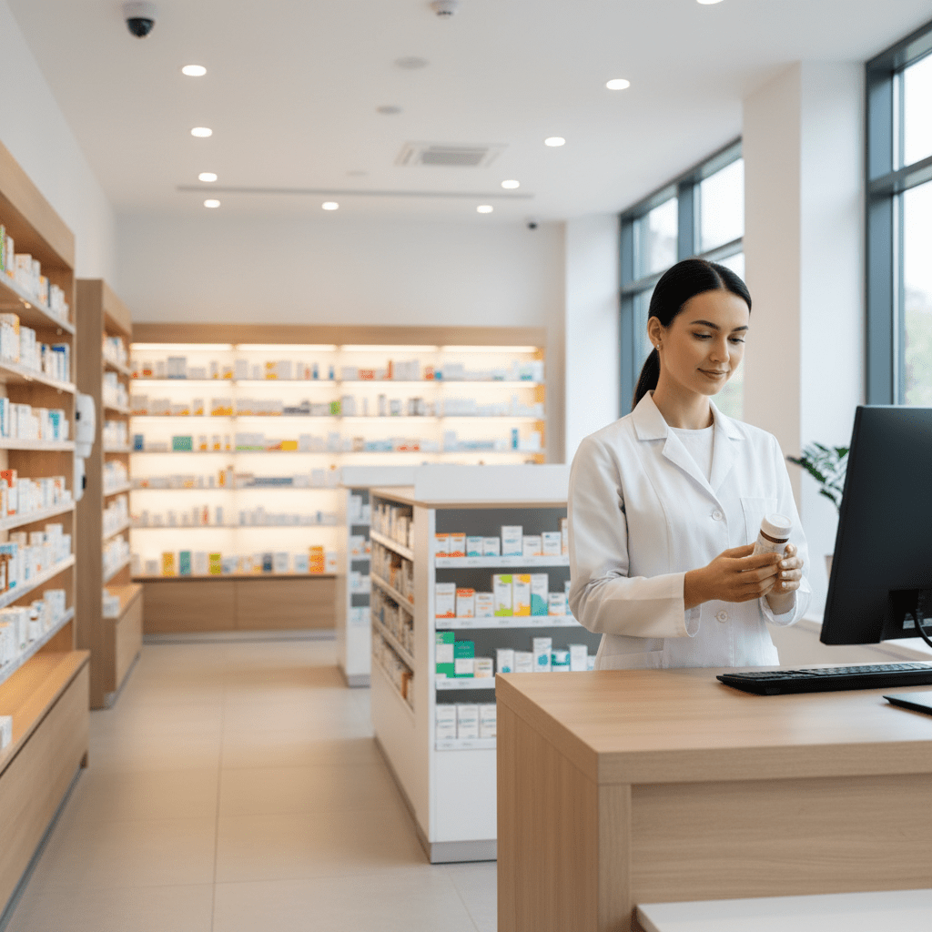 Pharmacien au comptoir avec camera de securite visible