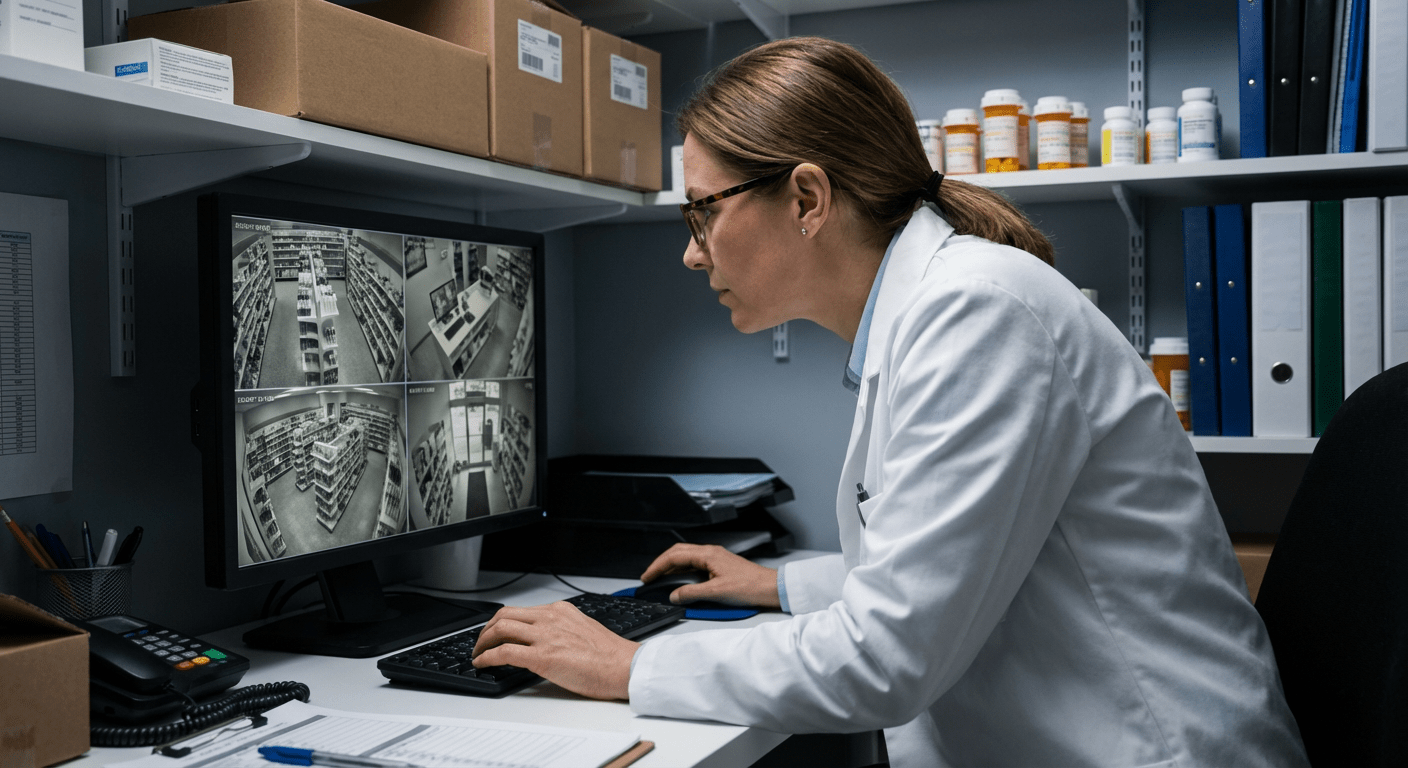 Pharmacien consultant les images de vidéosurveillance sur un écran de contrôle