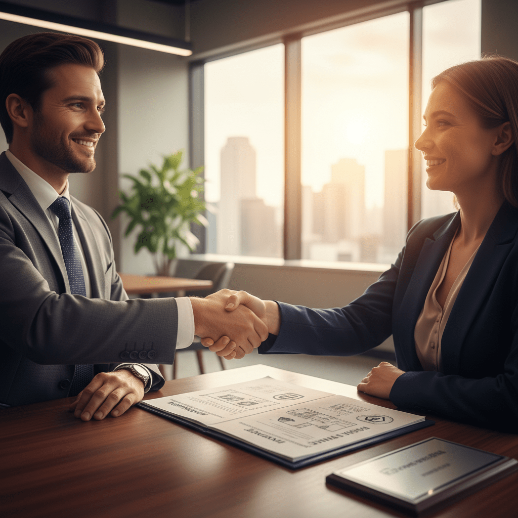 Poignée de main professionnelle entre un dirigeant et un agent assurance pour contrat alarme