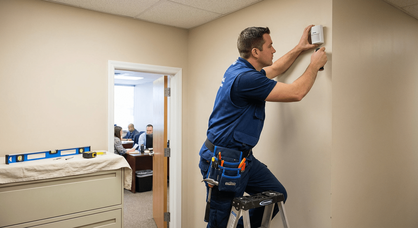 Installateur professionnel corrigeant le positionnement d'un détecteur d'alarme