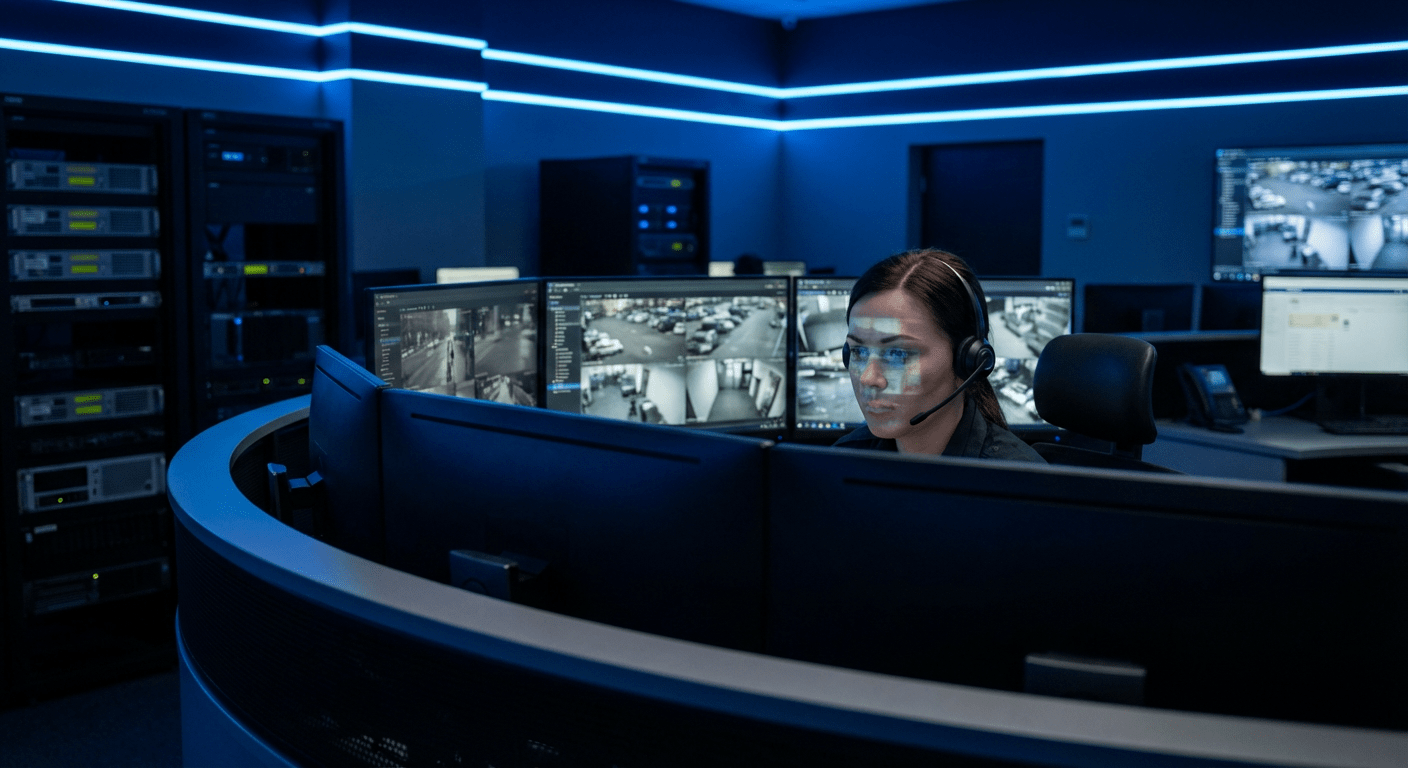 Opérateur de télésurveillance analysant des ecrans de surveillance en temps reel