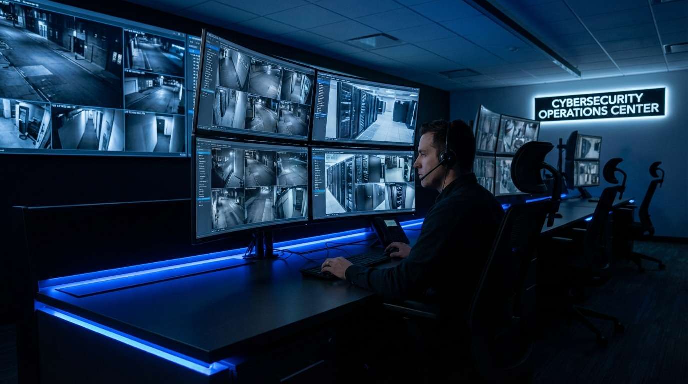 Poste de surveillance sécurité de nuit avec moniteurs